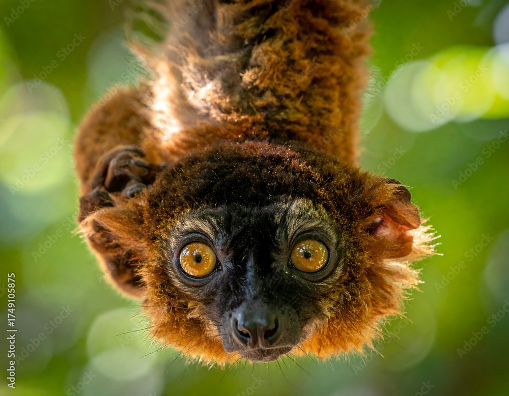 Naklejka premium A close-up view of an upside-down, reddish-brown primate with large amber eyes against a blurred, leafy background