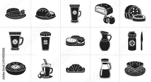 Collection of Black and White Food and Drink Icons.