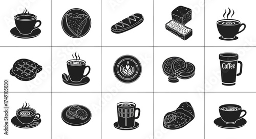 Collection of Coffee and Pastry Illustrations in Black and White.