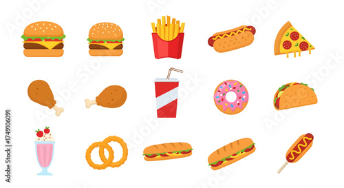 Diverse Fast Food Collection - Burgers, Fries, Pizza, and More.