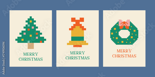 Festive Christmas Icons in Pixel Art Vector Illustration Set. Tree, bell, and wreath in pixel art style.