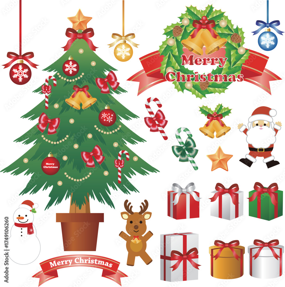 Fototapeta premium クリスマスの装飾とオーナメントのイラストセット - ベクターイラストレーション素材