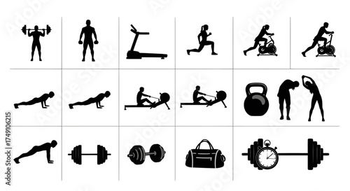 Silhouette Collection of Gym and Fitness Exercises for Health and Wellness.