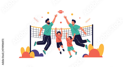 A happy family playing volleyball together on a sunny day in the park.