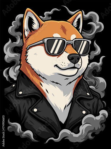 Cool Shiba Inu Dog in Leather Jacket and Sunglasses - Smoker Theme