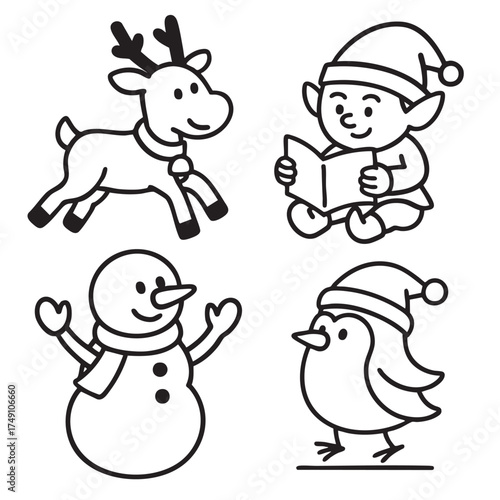 Christmas reindeer, elf reading, snowman, and bird in winter hat, cheerful holiday cartoon style