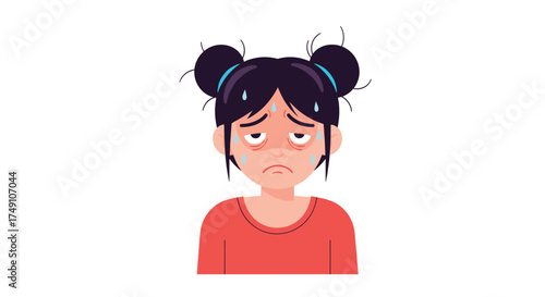 An illustration of a young girl looking exhausted and overwhelmed with sweat dripping down her face.
