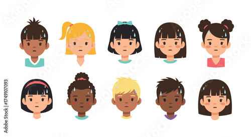 Children express anxiety and worry with sweat droplets indicating stress and concern.