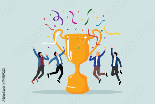 Team success. Business team celebrating victory. Winners with golden trophies. Successful teamwork, male and female coworkers rejoicing in their achievements.