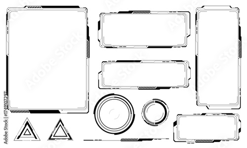 HUD frames black user interface elements set design modern technology futuristic control panel screen digital hologram window gaming menu touching cyber monitor set white background vector