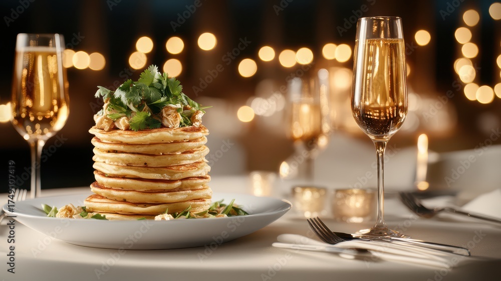 Naklejka premium Elegant Stack of Savory Pancakes with Champagne: A Sophisticated Culinary Experience for a Special Occasion