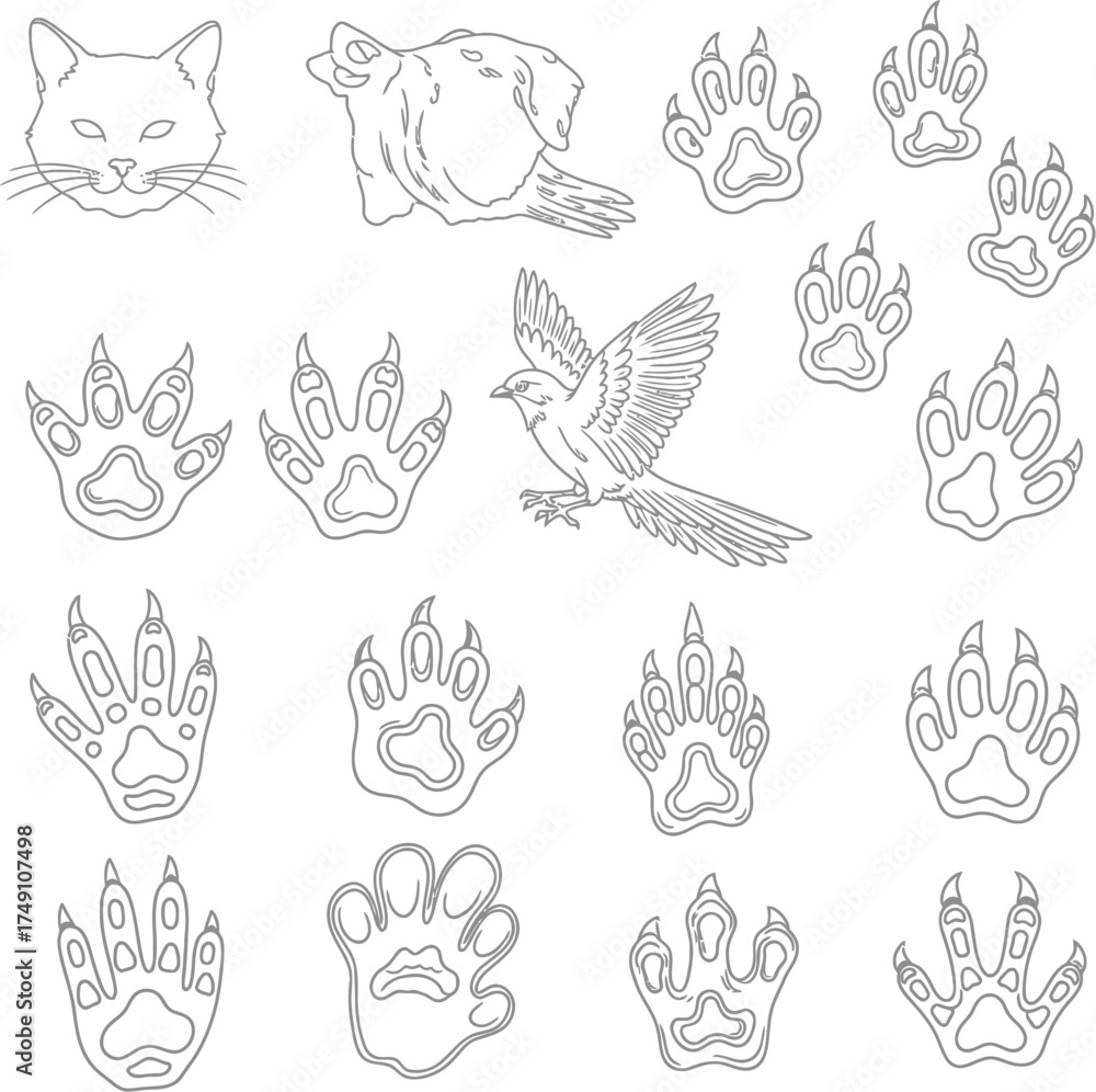 Fototapeta premium Vector art of animal tracks and outlines for education