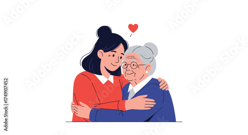 A young woman lovingly embraces her elderly grandmother, symbolizing familial love and intergenerational connection.