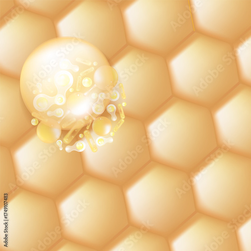 Probiotic and Hyaluronic acid skin solutions ad, gold collagen, and vitamin serum drops with cosmetic advertising background ready to use illustration vector.