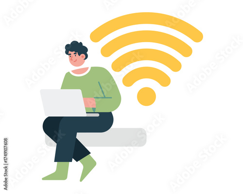 Public wifi illustration, people connecting devices, for free internet access and digital communication concept