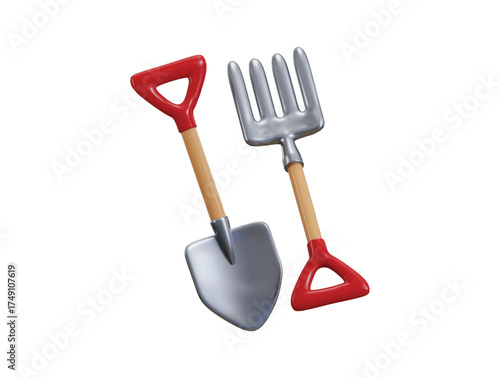 Shovel and Rake icon 3d render concept of farmer gardening tools icon vector illustration