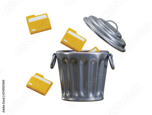 Data deletion memory cleaning software icon 3d render concept of Metal trash can with files cleaning icon vector illustration