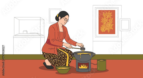 Woman crafting batik using traditional canting tool and hot wax over charcoal stove artwork