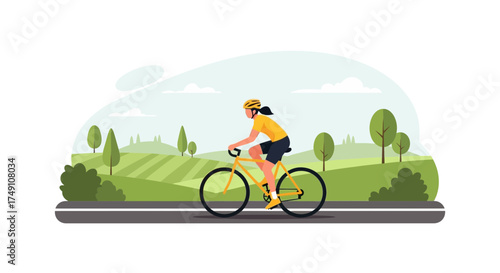Woman cyclist riding bicycle on scenic rural road for outdoor activity and exercise showing a