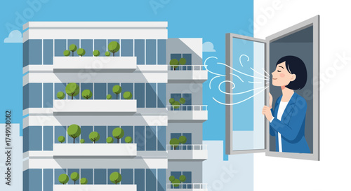Woman enjoying fresh air from the window of a modern apartment building with green balconies,