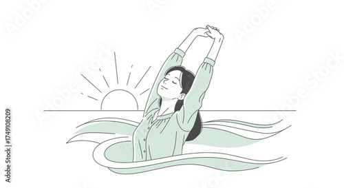 Woman stretching arms at sunrise, morning routine for relaxation and wellbeing