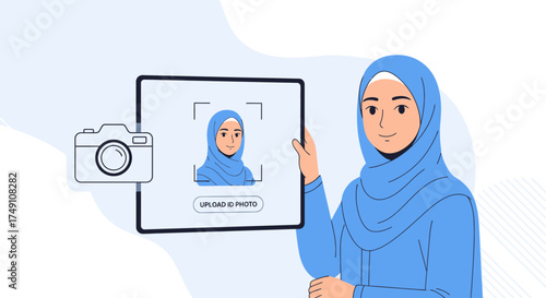 Woman with hijab uploading her photo for ID verification on a digital device