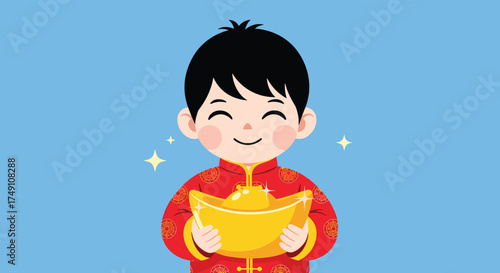 A cheerful boy in traditional Chinese attire holds a golden ingot symbolizing prosperity and good fortune.