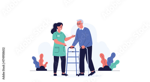 A nurse assisting an elderly man with a walker in a rehabilitation setting.