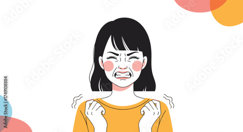 This image depicts a woman expressing intense anger with clenched fists and a distressed facial expression.