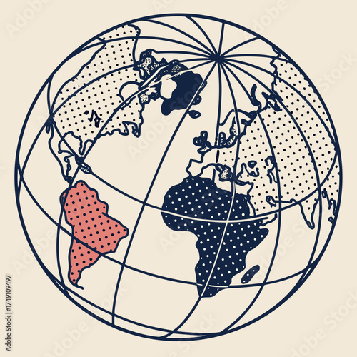 Illustration of a world globe with continents and grid lines on beige background