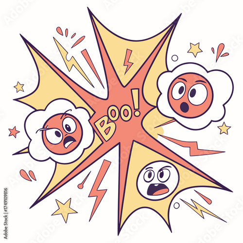 Cartoon explosion with faces and the word boo