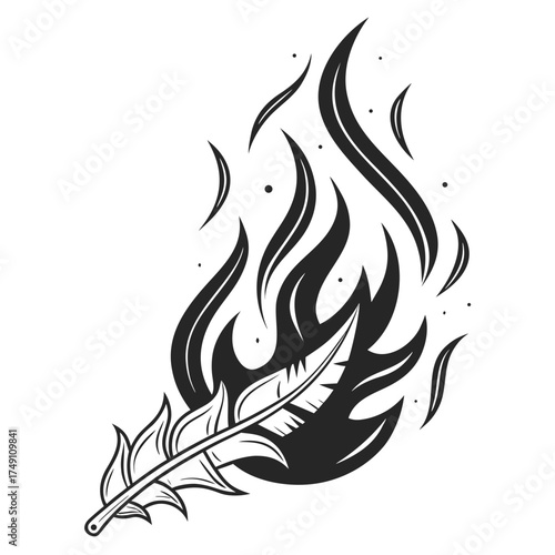 Burning feather in black and white style