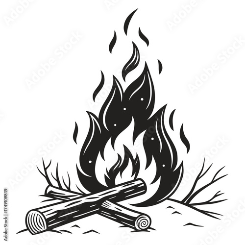 Campfire with logs in black and white style