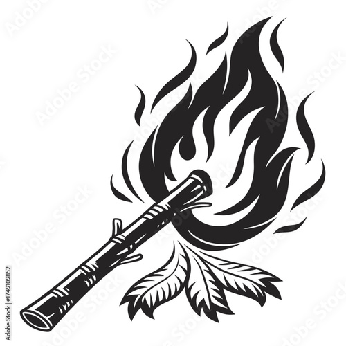 Burning torch with leaves in black and white