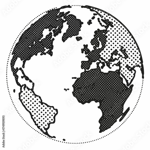 Black and white globe illustration depicting continents and oceans