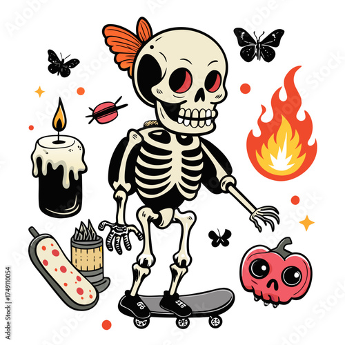 Cartoon skeleton on skateboard with halloween elements isolated on white background silhouette