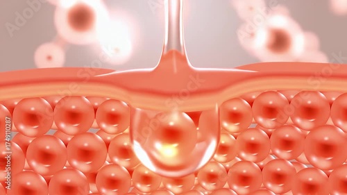 clear drop with collagen molecules penetrates the skin, igniting a burst of light from deep within that lifts and smooths wrinkles for a youthful appearance. 3D rendering.