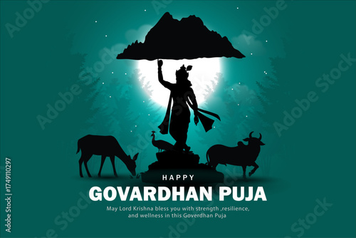 happy  Govardhan Puja Greeting with Lord Krishna Lifting Govardhan Hill and Cows