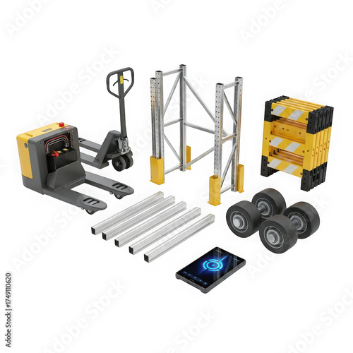 Warehouse equipment set isolated on transparent background including forklift truck