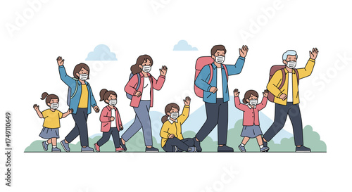 A pixel art illustration of a family in face masks enjoying a scenic outdoor hike together.