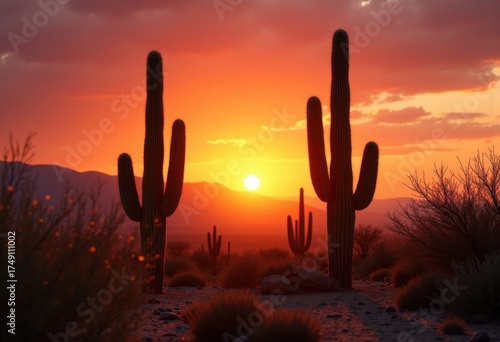 Desert Cacti Silhouetted Against Vibrant Sunset Sky Evoking A Warm and Tranquil Atmosphere