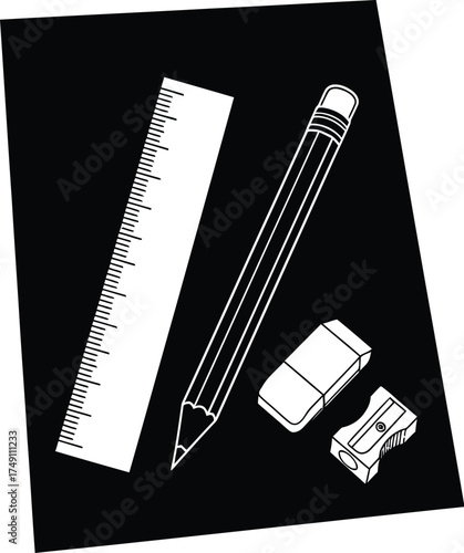Vector art of ruler, pencil, eraser and sharpener outline