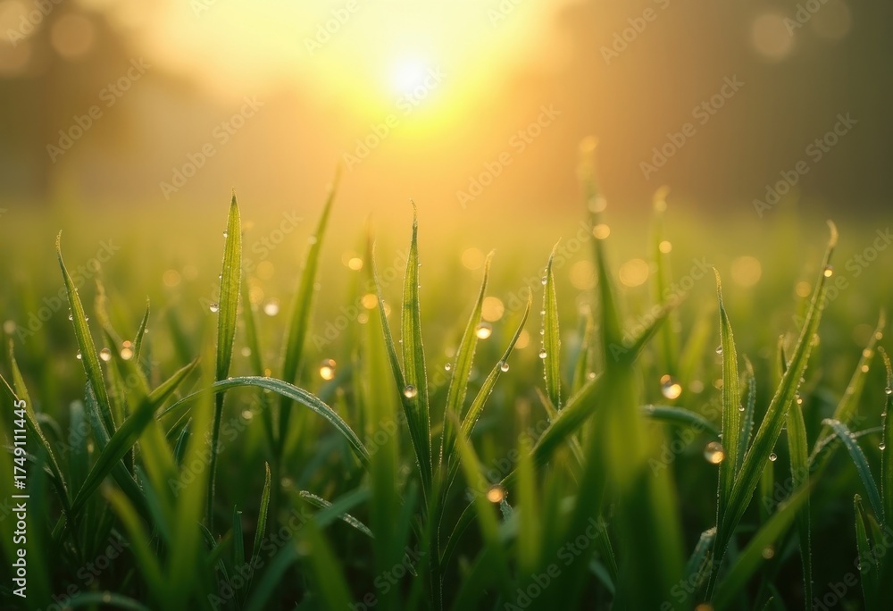 Fototapeta premium Dew-Covered Grass at Dawn Exuding Serenity and Freshness in Morning Light
