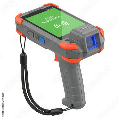 Handheld barcode scanner with a green screen isolated on transparent background