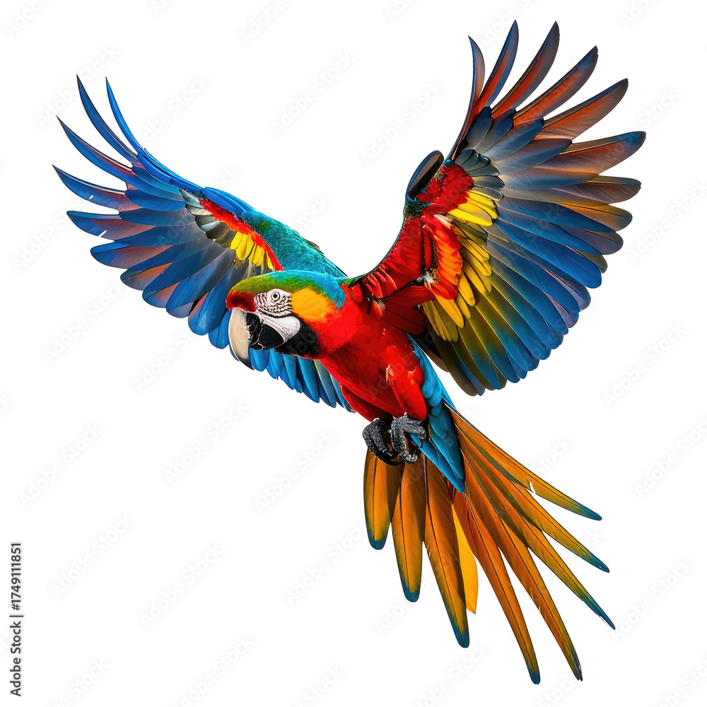 Fototapeta premium Colorful macaw soaring with vibrant wings, isolated on black background