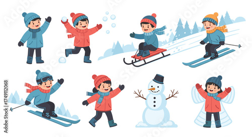 Children enjoying winter snow activities like skiing sledding and building snowmen.