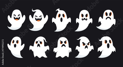 A collection of cute and spooky cartoon ghosts with various expressions for Halloween.