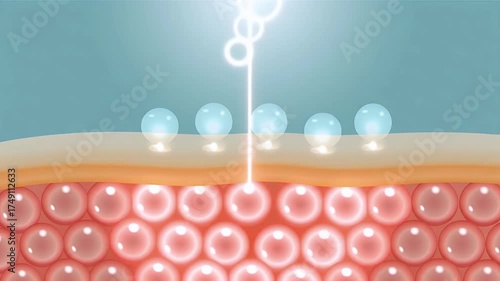 clear drop with collagen molecules penetrates the skin, igniting a burst of light from deep within that lifts and smooths wrinkles for a youthful appearance. 3D rendering.