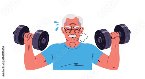 An elderly man is exercising with dumbbells at the gym to stay healthy.