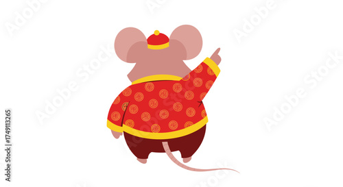A cheerful cartoon mouse dressed in traditional Chinese attire points to the sky.